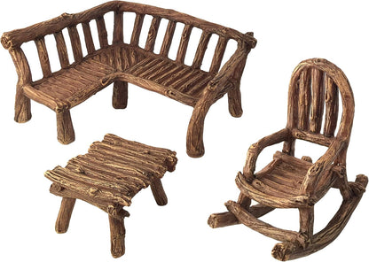 GlitZGlam Miniature Fairy Garden Furniture 3-Piece: Rustic Wood Bench, Rocking Chair and Miniature Table for The Garden Fairies