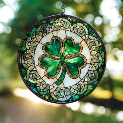 Shamrock Four Leaf Acrylic Suncatcher Stained Glass Effect Window Car Hanging Christmas Ornament Indoor Outdoor Decor Garden Sun Catcher Panel for St. Patrick Day for Women Mom Grandma