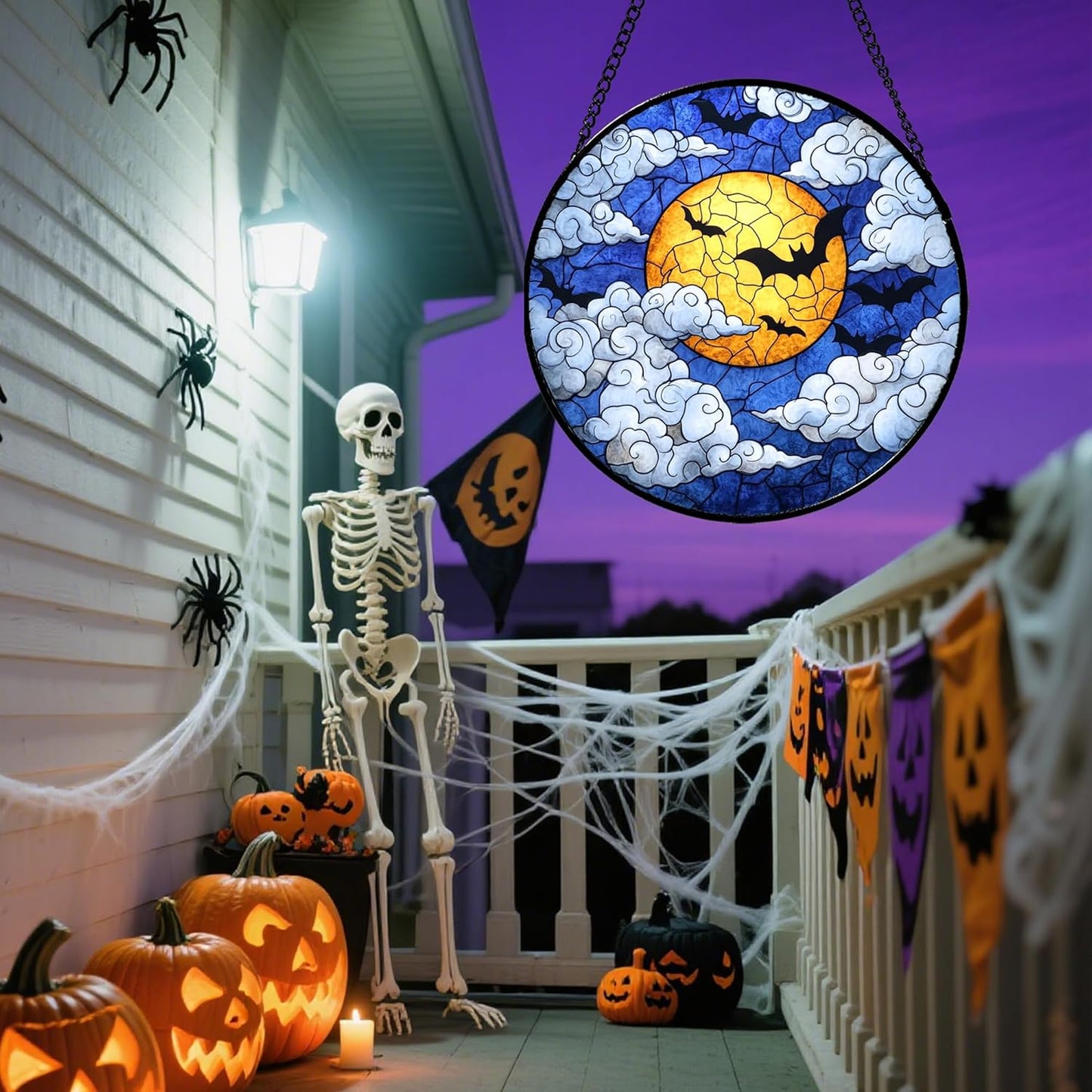 Stained Glass Window Hanging - Halloween Decorations Bats Moon Clouds Suncatcher for Doors Garden Indoor Spooky Funny Sun Catchers Gothic Decor Horror Gifts for Women Men Friend 6.3 in