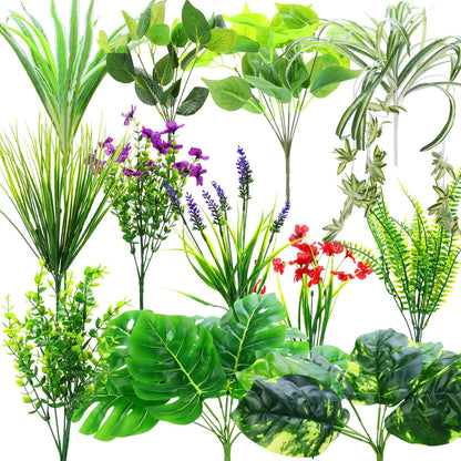 14 Bundles Artificial Plants Outdoor UV Resistant, Fake Greenery Plant Flower, Faux Boxwood Boston Fern Shrubs Bushes with Plastic Stems & Flowers for Garden, Porch, Planter, Patio, Xmas Decor