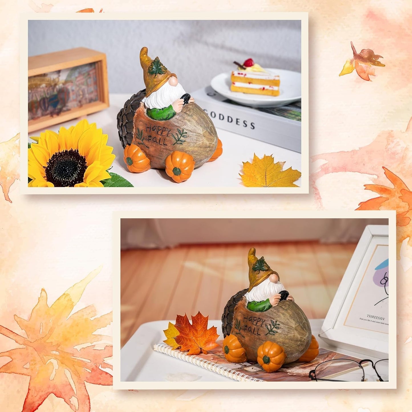 Topadorn Fall Gnome Statue Pine Cone Car with Pumpkin Wheel, Autumn Harvest Gnome Resin Figurine for Home and Outdoor, Thanksgiving Party Home Gnomes Decor