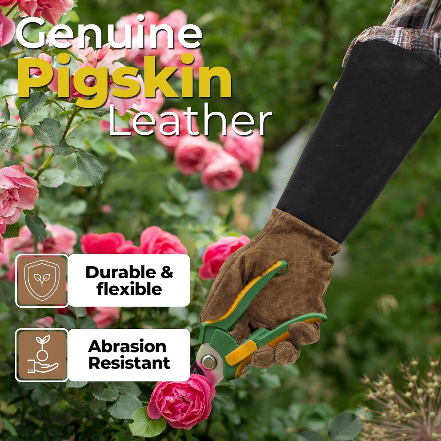 HANDLANDY Long Gardening Gloves for Men & Women, Cowhide Leather Rose Pruning Gloves, Breathable Thorn Proof Gauntlet Glove (Brown-Cowhide, M)