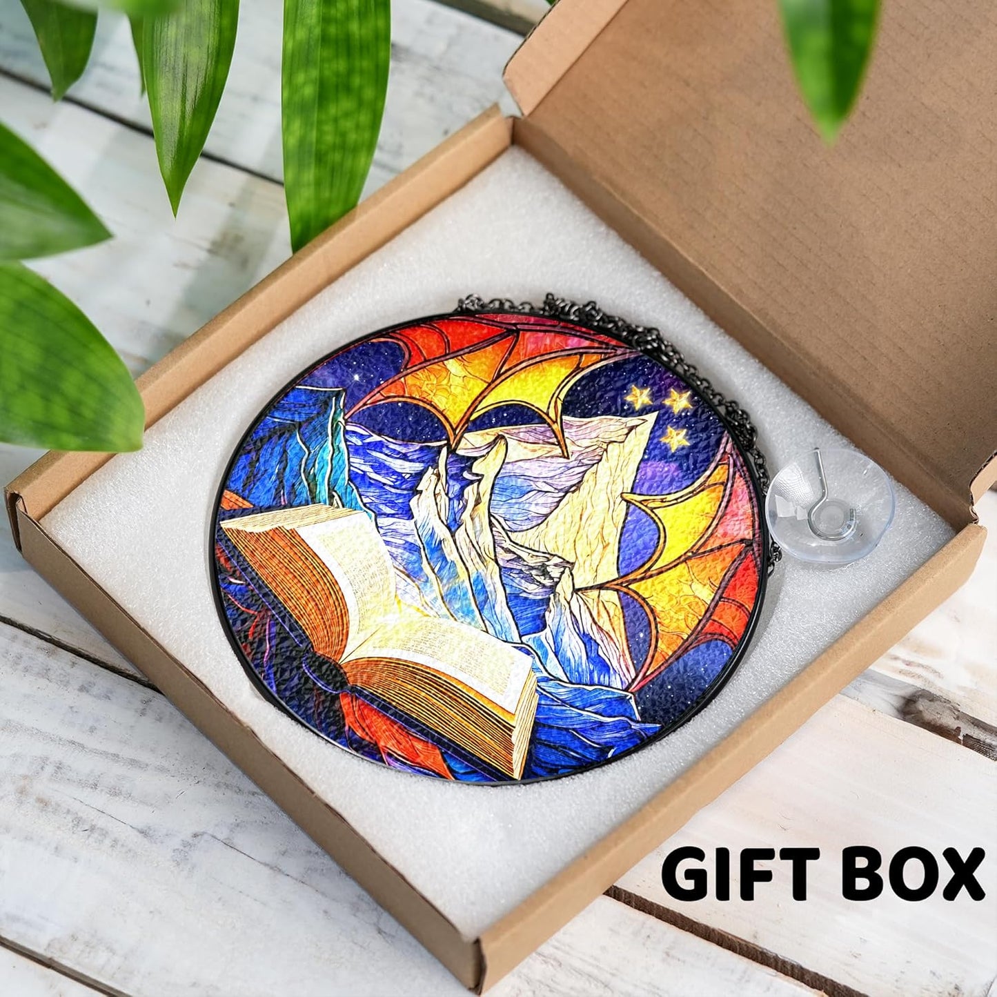 Book Stained Glass Suncatcher, Night Court Nature-Inspired Art Window Hanging, Bookaholic Ornament Crystal Glass Panel Bookish Gift for Fantasy Book Lovers Readers Writers Teachers ART-22E-SG