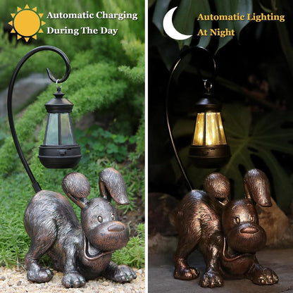 Laughing Dog Figurine with Solar-Powered LED Light 15.9 Inches Tall Antique Bronze, Perfect for Gift Garden Decor or Housewarming for Dog Lovers