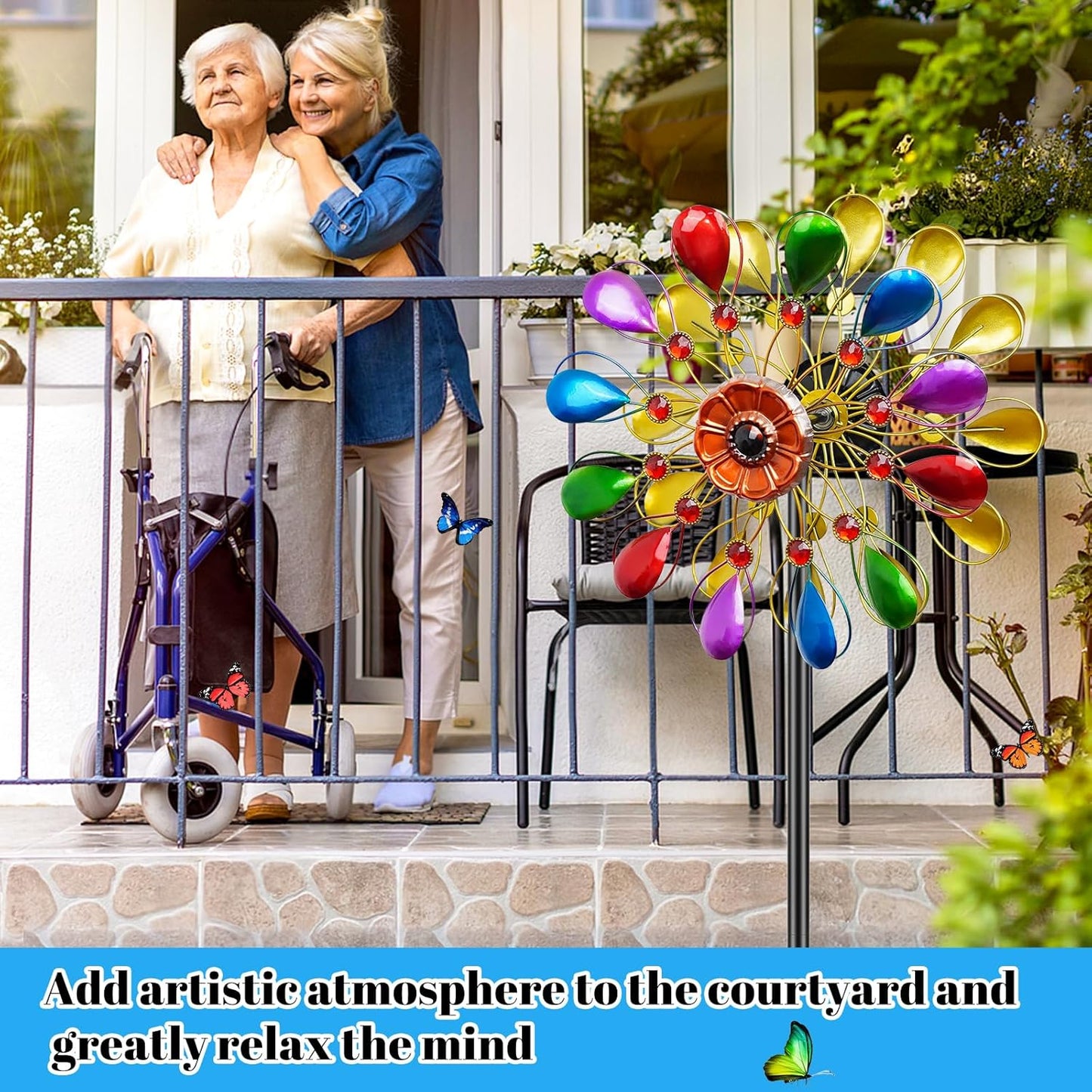 64 inch Garden Wind Spinner, Outdoor Wind Sculpture with 5 Prong Base Stand, Metal Windmill for Lawn Yard Outdoor Art Decorations (B-Colorful)