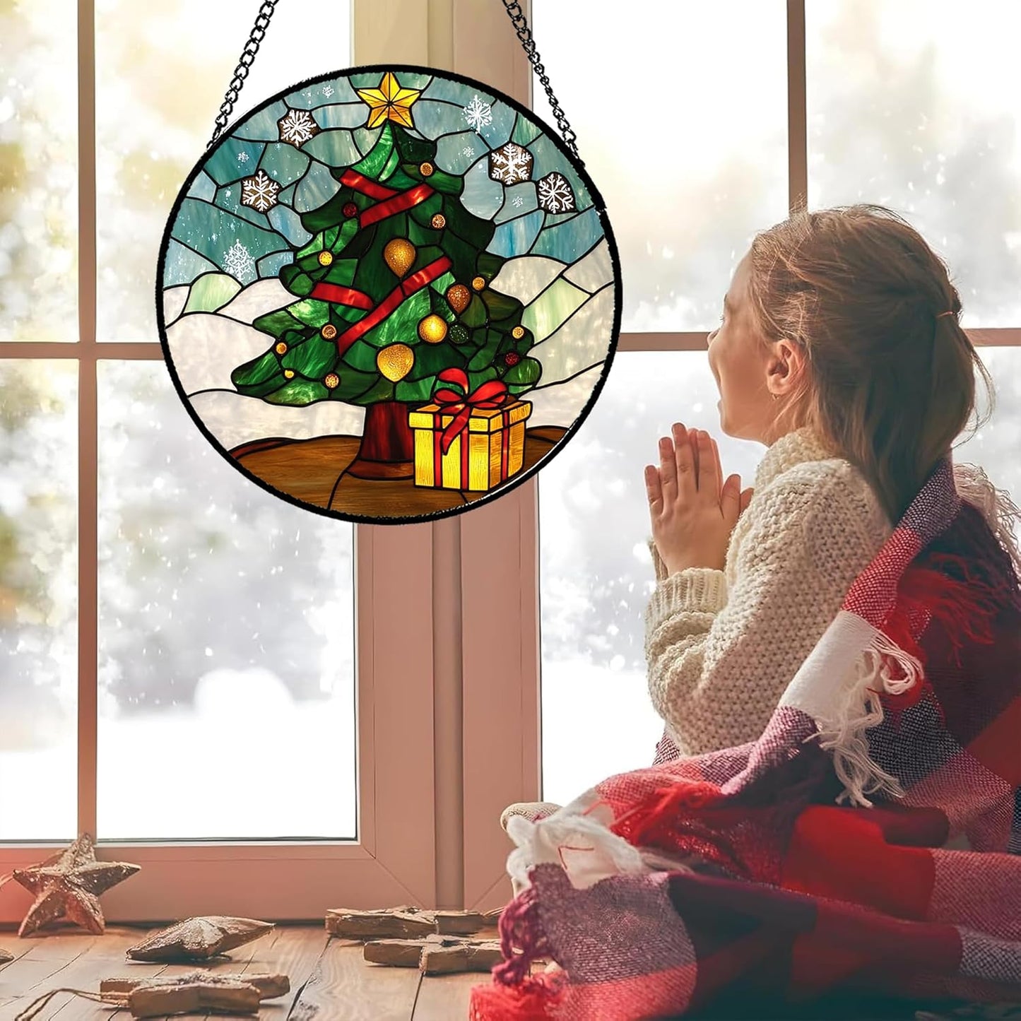 Stained Glass Window Hanging Green Christmas Tree Snowflake 6.3" - Suncatcher Door Garden Sun Catcher Xmas Holiday Decor Birthday for Mom Men Woman Friend Nana