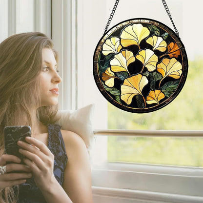 Stained Glass Window Hanging - Ginkgo Leaf Suncatcher for Doors Garden Patio Retro Fall Decor Sun Catchers Christmas Mother's Day Birthday Gifts for Women Men Mom Nana Friend 6.3 in