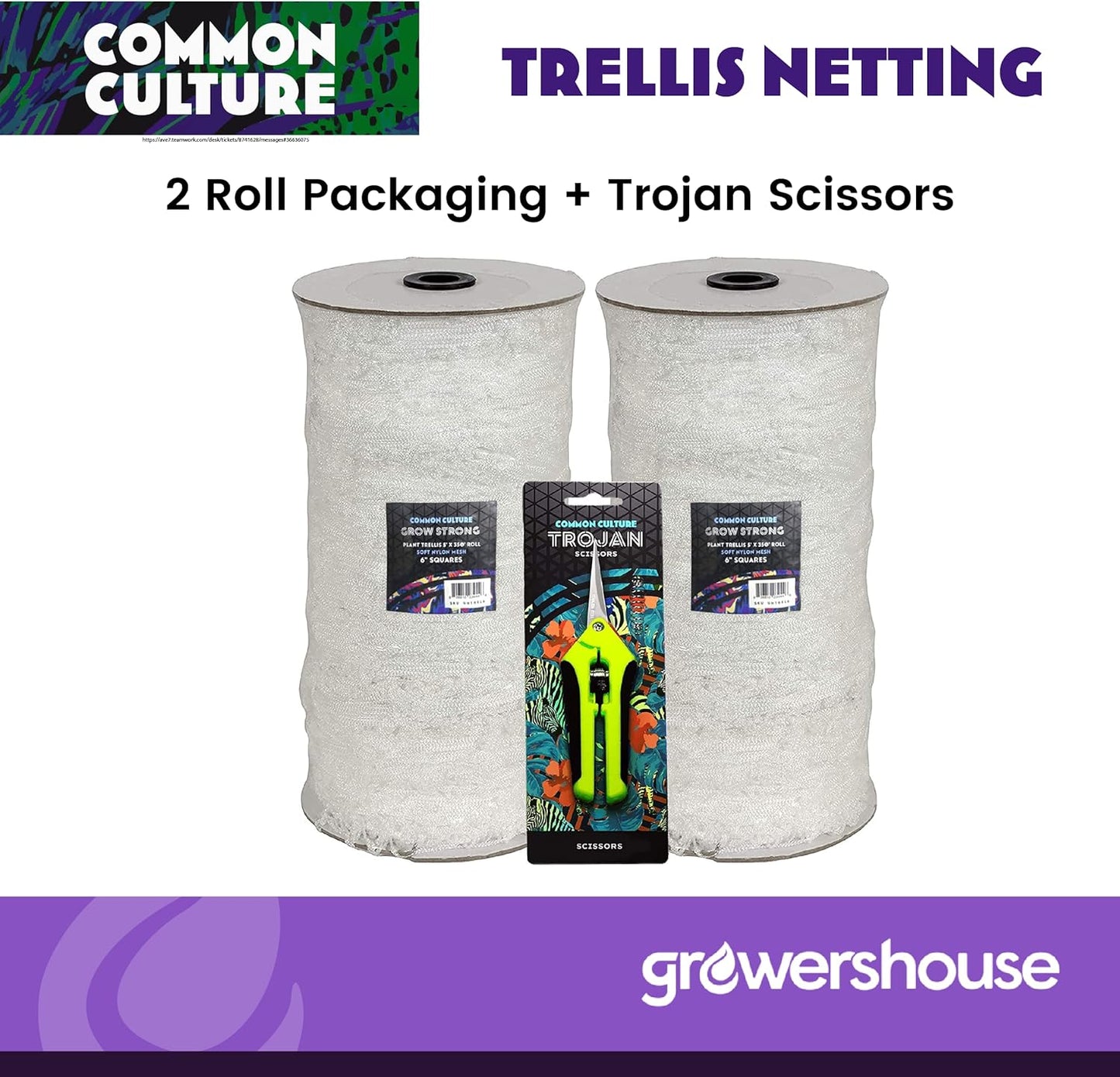 COMMON CULTURE Grow Strong Plant Trellis + Trojan Scissors - 6" Square Soft Mesh Nylon Trellis Netting Bulk Roll - Heavy-Duty Garden Netting for Plants - 5" x 350" - 2 Rolls