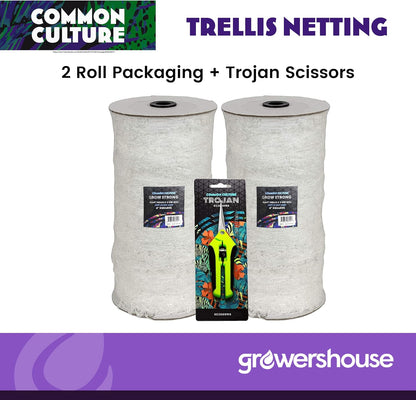 COMMON CULTURE Grow Strong Plant Trellis + Trojan Scissors - 6" Square Soft Mesh Nylon Trellis Netting Bulk Roll - Heavy-Duty Garden Netting for Plants - 5" x 350" - 2 Rolls