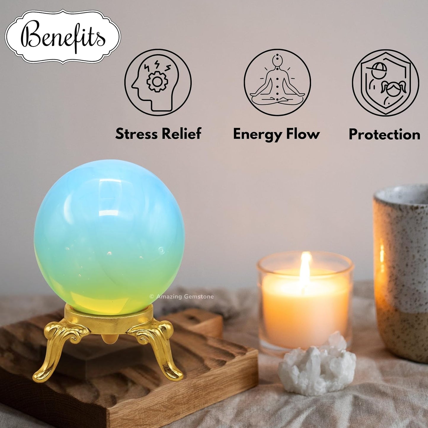 Amazing Gemstone Opalite Crystal Ball with Stand - 2" Inches Crystal Sphere Meditation Balls for Witchcraft and Decorative Balls