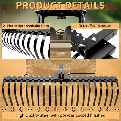 KUAFU 60 Inch Landscape Rake Pine Straw Rake Tractors Rake Fit for 2 Inch Receiver ATV UTV SxS Features 48" or 60" Accessory Tool Bar & 3 Point Hitch System Powder Coated Steel