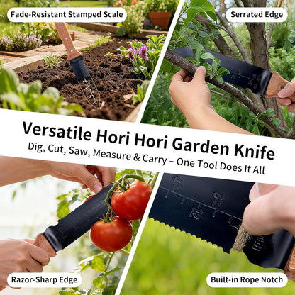 YANG Hori Hori Garden Knife, 7" Stainless Steel Gardening Knife with Oxford Cloth Sheath, Full Tang Beechwood Handle EDC Garden Tool for Digging, Planting & Weeding, Pointed Tip for Hard Soil