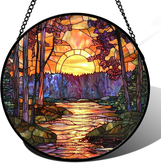Stained Glass Window Hanging, Orange Landscape Green Purple Lake Forest Suncatcher for Doors Window