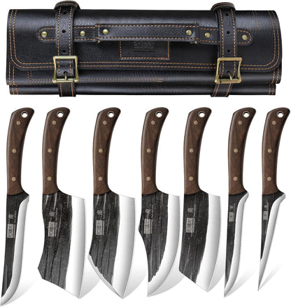 HOSHANHO Butcher Knife Set, Hand Forged Butcher Chef Knife Set with Roll Bag, Sharp Meat Cleaver Knife & Bone Chopper Knives & Fillet Knives for Home & Camping & BBQ Gift for Men