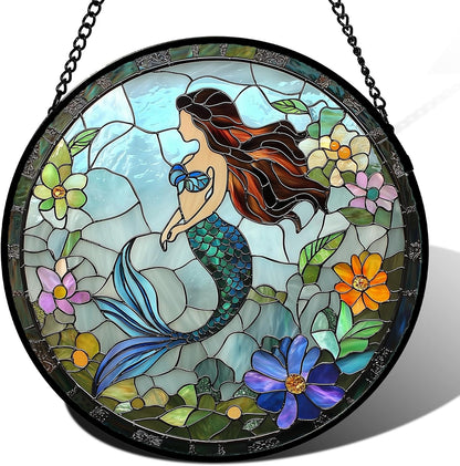 Stained Glass Window Hanging - Light Blue Mermaid Suncatcher for Door Terrace Garden Home Decor, Ocean Flowers Sun Catcher Birthday Gifts for Lovers Women Men Dad Mom Nana 7.8 in