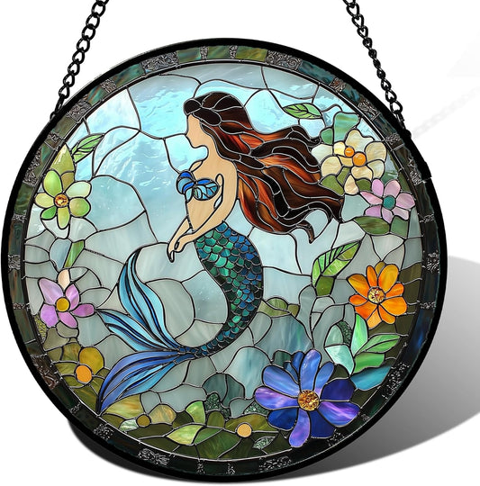 Stained Glass Window Hanging - Light Blue Mermaid Suncatcher for Door Terrace Garden Home Decor