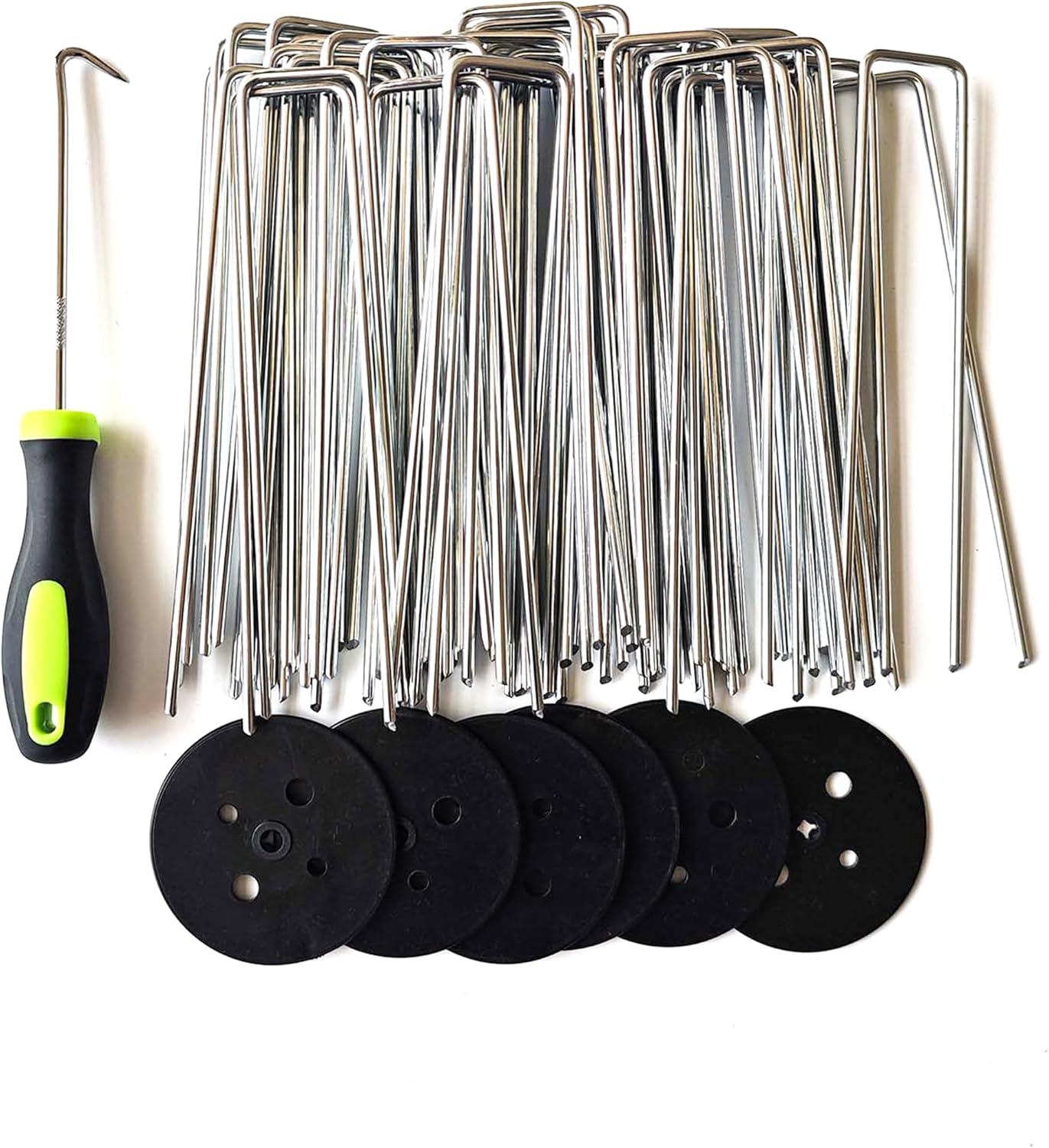 50 PCS 6 Inches Galvanized Landscape Staples, 50 PCS Gaskets and 1 Pick Hook, Heavy Duty Anti-Rust Garden Stakes for Weeds Barrier Sod Fabric Decorations Ground Cover