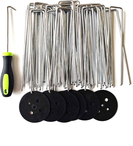 50 PCS 6 Inches Galvanized Landscape Staples, 50 PCS Gaskets and 1 Pick Hook, Heavy Duty Anti-Rust