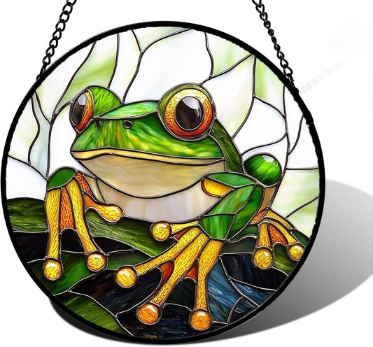 Stained Glass Window Hanging, Green Frog White Petals Sun Catchers Colorful Glass Panel Cute