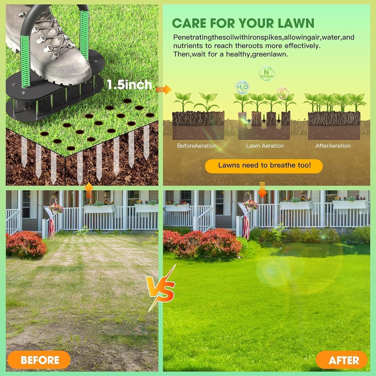 Lawn Aerator Spikes Aerating Tool, Manual Aeration Tools with Padded T-Handle, Wide Foot Plate, 15 3 Inch Solid Steel Spikes, Yard Aerators for Lawn Yard & Garden
