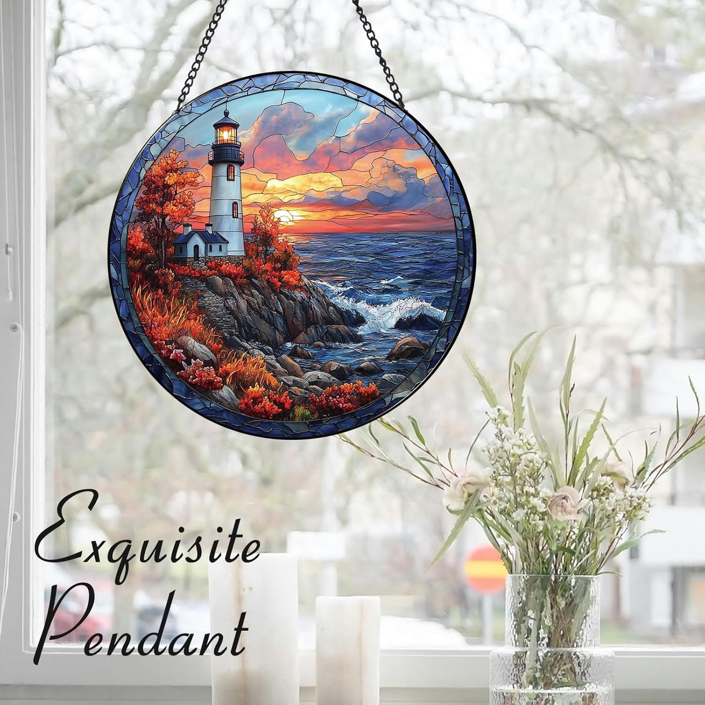 Coastal Lighthouse in Autumn Suncatcher -7.9 in Stained Glass Window Hanging Sun Catcher Garden Decor