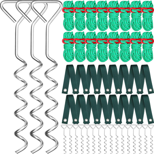 Sintuff 16 Set Tree Stakes and Supports Kit for Anti Hurricane Leaning Trees Straightening Heavy Duty 15. 75" Spiral Tree Stake with 13. 12 ft Ropes and 15. 75'' Support Straps (Green)