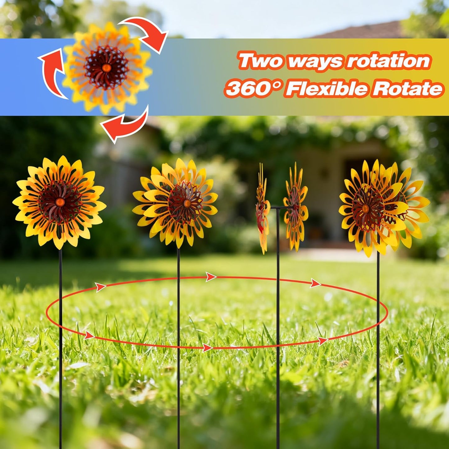 Sunflower Wind Spinners, 360 Degrees Swivel Metal Wind Sculptures, 76" Large Garden Pinwheels for Yard Lawn Patio Decor