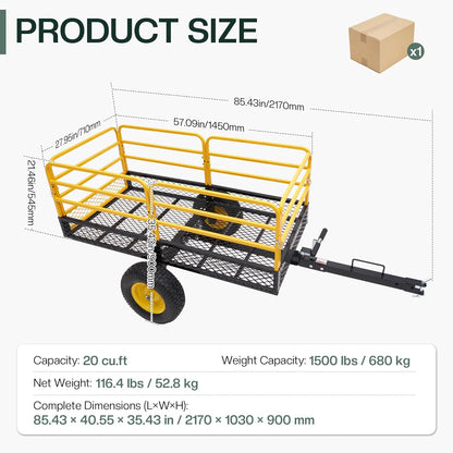 Jocisland Heavy Duty Garden Utility Trailer, 1500 Lbs 20 Cu.Ft ATV UTV Trailer Tow Behind Dump Cart with Removable Sides and Convenient Handle, Yard Lawn Mower Cart for Tractor