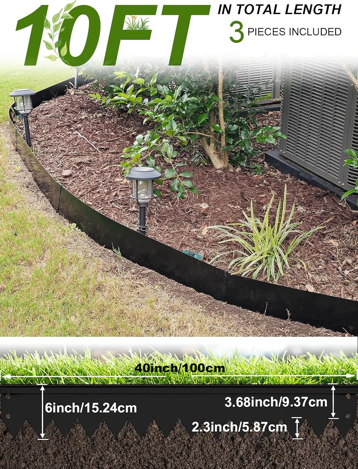 Landscape Edging Border, 40" L x 6" H 3Pack 10FT Total Black Galvanized Steel Garden Edging with Spikes, Sturdy Elegant Metal Lawn Broder for Flower Beds, Pathways, Paver Edges and Yard