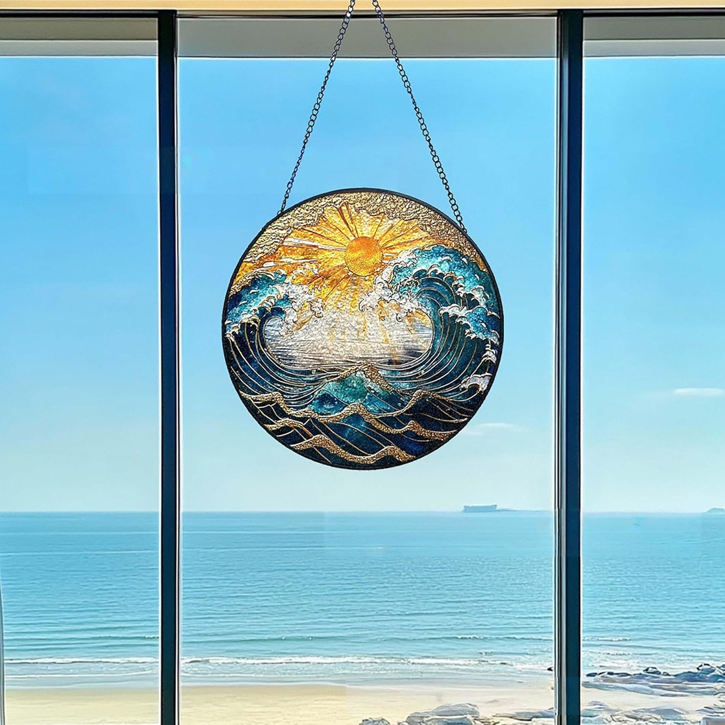 Ocean Wave Sunset Suncatcher Stained Glass Window Hanging - 10" Hand-Painted Sun Catcher Garden Hanging Decoration with Metal Chain Outdoor Garden Decor Gift for Women