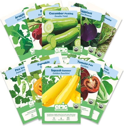 Epic Gardening Organic Vegetable Garden Kit - 10 Non-GMO Varieties, Includes Tomatoes, Squash, Pumpkins, Beans & More, Perfect for Raised Beds, Backyard Gardening & Fresh, Delicious Homegrown Meals