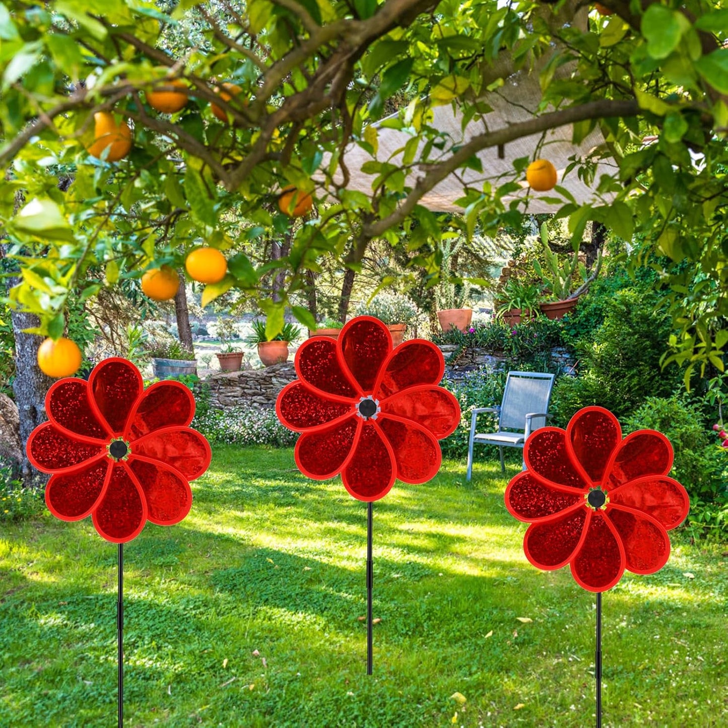 4PCS Flower Wind Spinner Sparkly Lawn Pinwheel 11.8 inch Red Garden Windmill for Garden, Party, Christmas Outdoor, Yard Decor