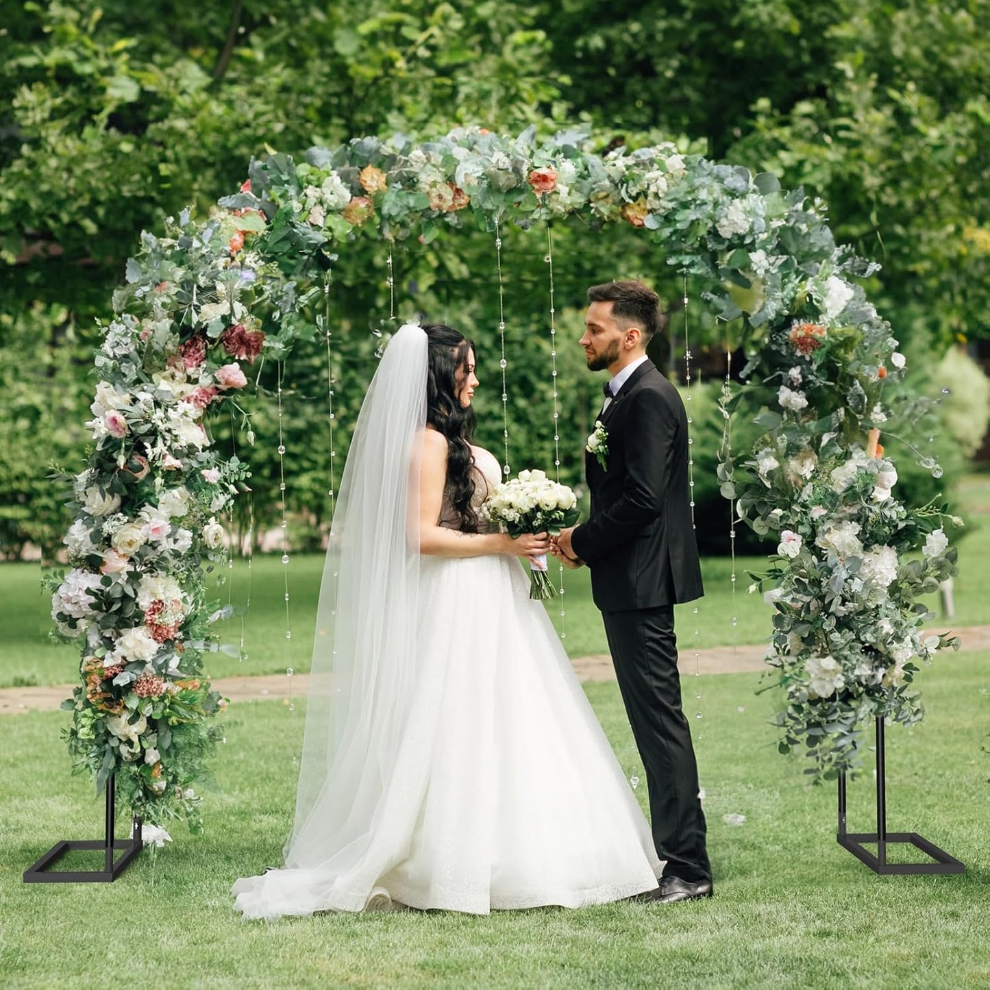 HEOMU Garden Arch Trellis, Metal Garden Arbor with Base, 5.3'W x 7.6'H or 7.9'W x 6.3'H, Assemble Freely 2 Sizes, Arch Trellis for Climbing Plants Outdoor Wedding Bridal Party Decoration, Black