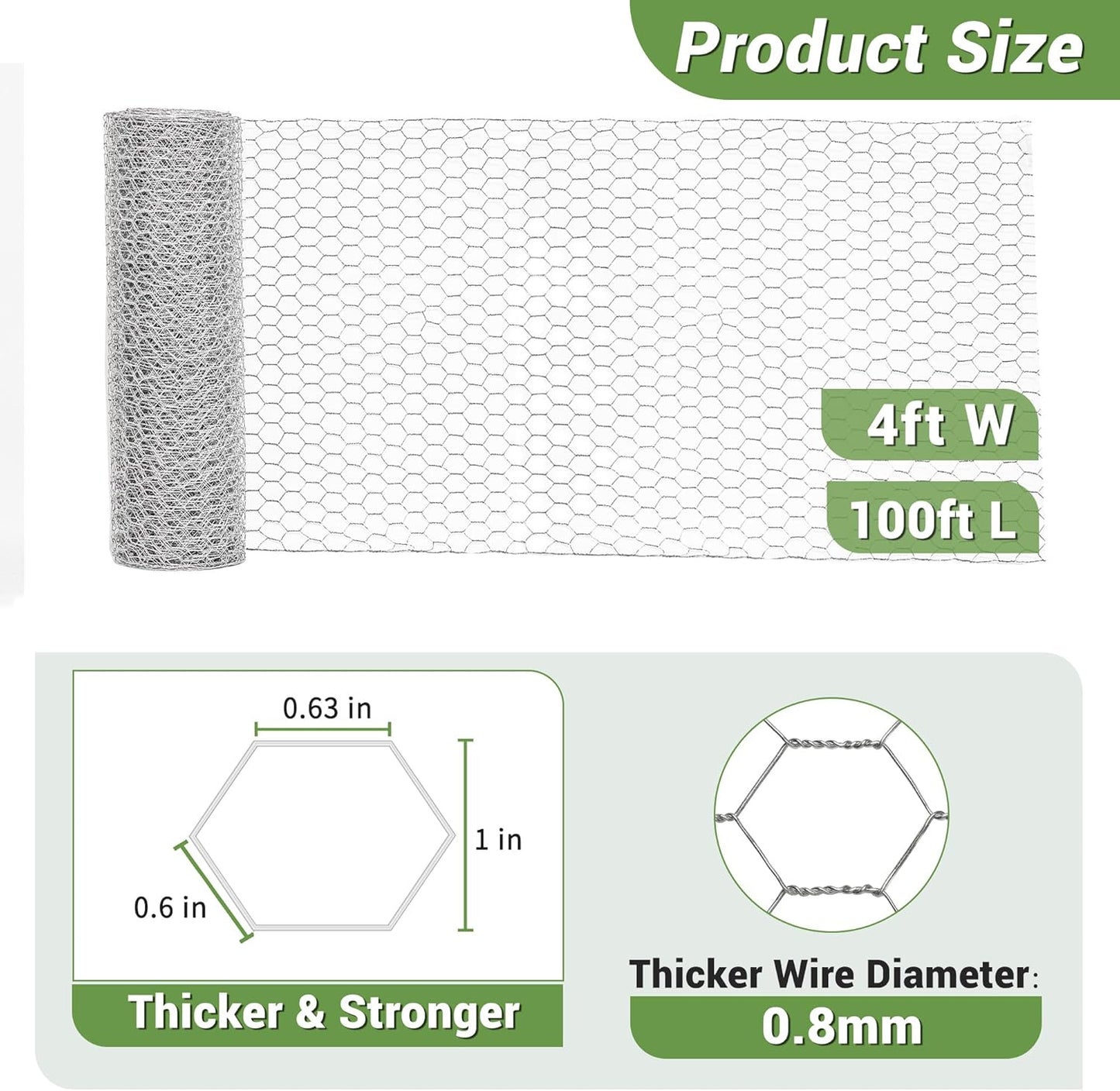 Chicken Wire Fencing Mesh, Galvanized Hexagonal Floral Chicken Wire, Outdoor Anti-Rust Chicken Wire Poultry Netting for Garden Fence (4 ft x 100 ft, Hot-Dipped)