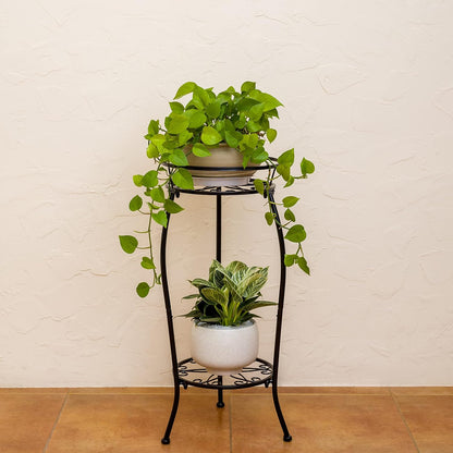 FaithLand 2 Pack Metal Plant Stands, Tall Planter Holder Indoor Outdoor, 2 Tier Round Potted Supports Rack, Corner Display Shelf Black