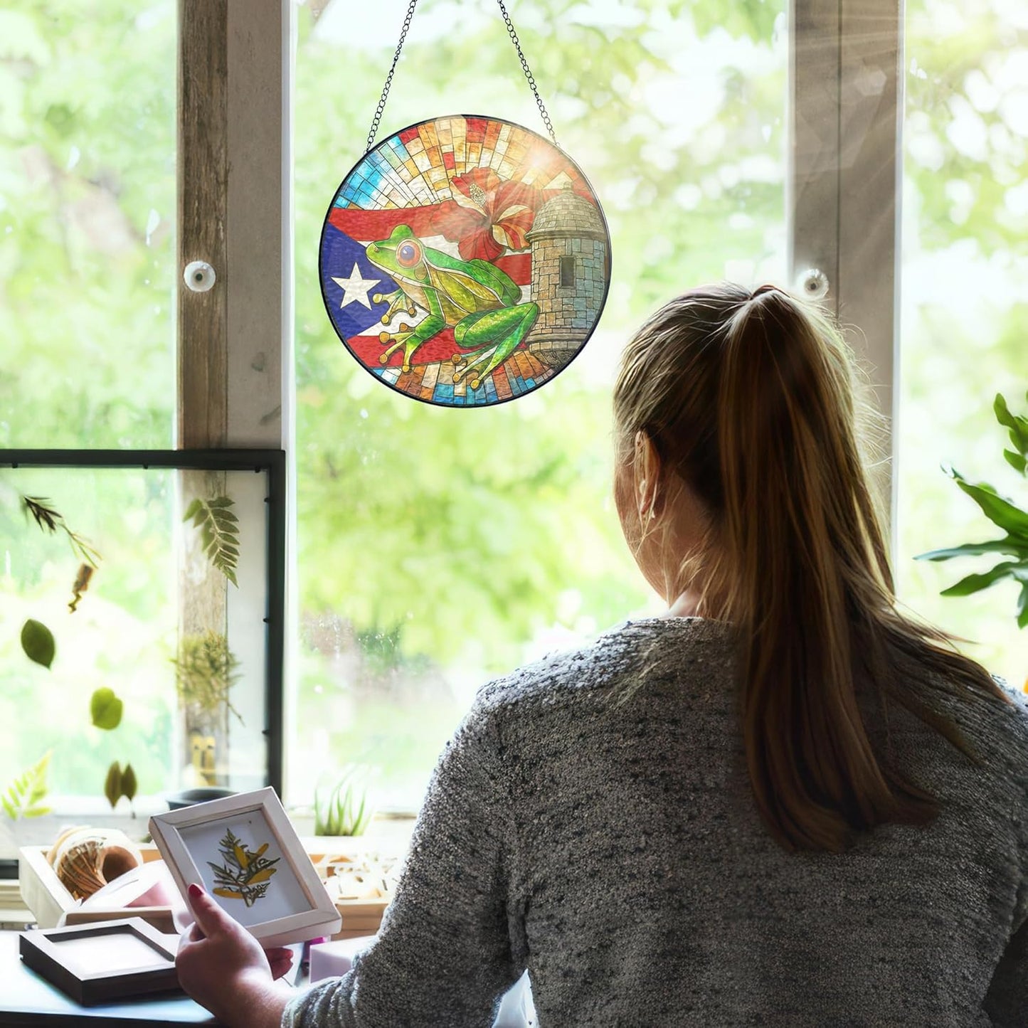 FLAGWIX Christmas Puerto Rico Gifts - Stained Glass Window Hanging 8 in - Puerto Rican Gifts for Women Men, Coqui Sun Catchers Indoor, House Warming Gift for Mom Dad Friend, Christmas Decorations