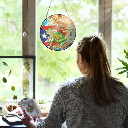 FLAGWIX Christmas Puerto Rico Gifts - Stained Glass Window Hanging 8 in - Puerto Rican Gifts for Women Men, Coqui Sun Catchers Indoor, House Warming Gift for Mom Dad Friend, Christmas Decorations