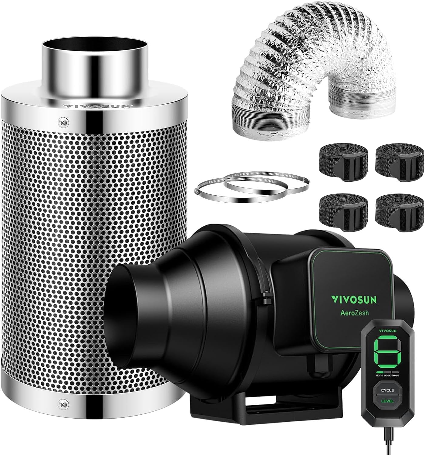 VIVOSUN Smart Air Filtration S4 Kit 4", AeroZesh S4 Inline Duct Fan with E12 Speed Controller, Carbon Filter & 8' Ducting, Cooling & Ventilation System for Grow Tents, Indoor Gardening, Hydroponics