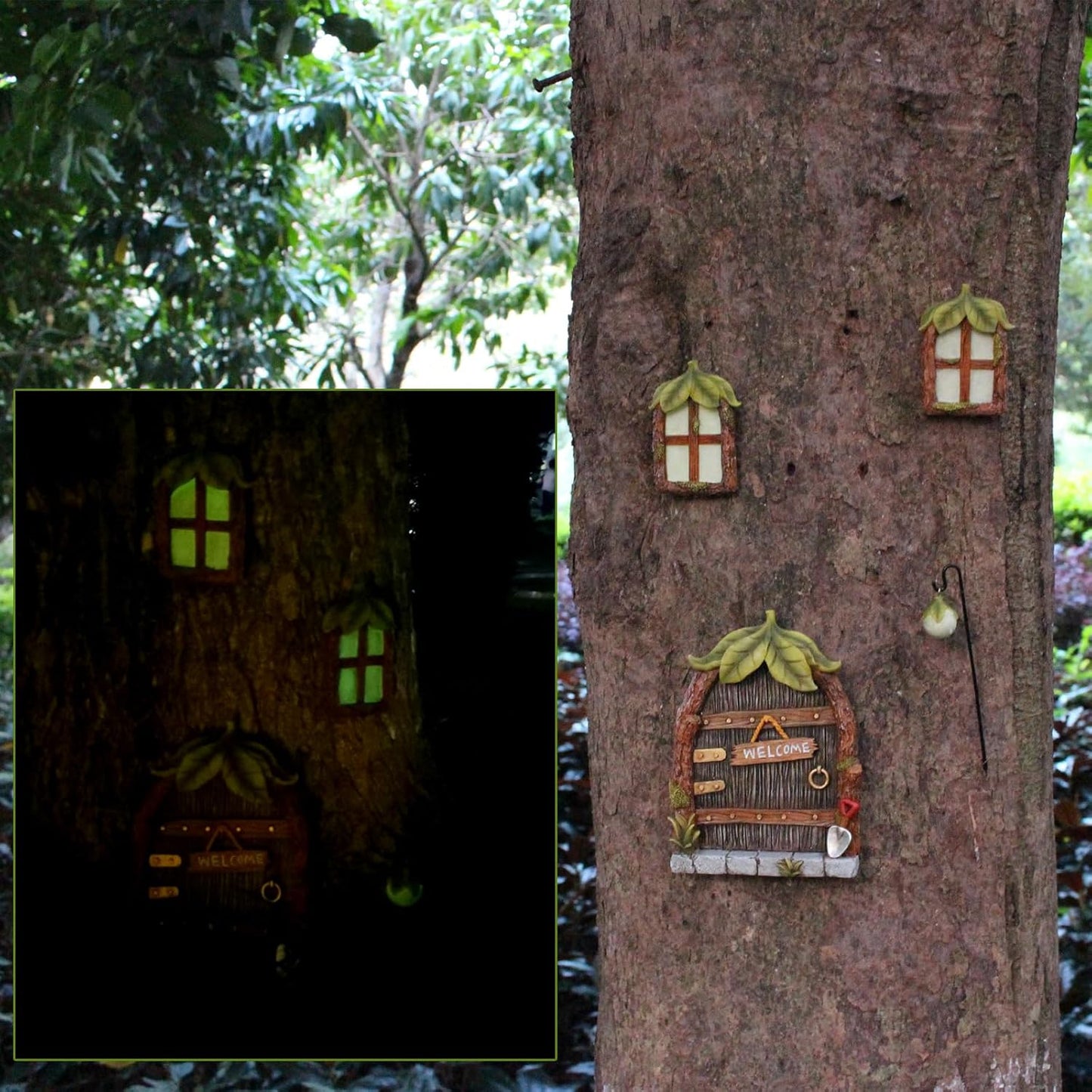 Fairy Door and Windows Garden Kit Accessories Outdoor, Glow in Dark Gnome House for Tree, Lawn Yard Art Sculpture, Miniature Garden Decor (Leaf)