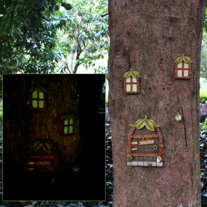 Fairy Door and Windows Garden Kit Accessories Outdoor, Glow in Dark Gnome House for Tree, Lawn Yard Art Sculpture, Miniature Garden Decor (Leaf)