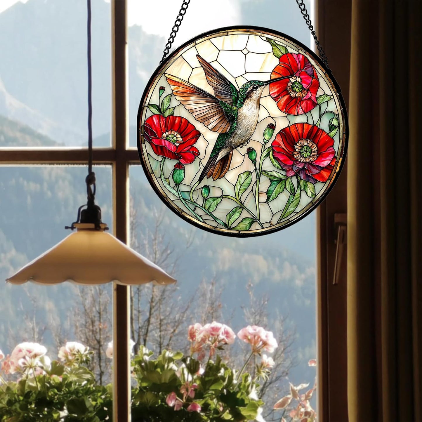 Stained Glass Window Hanging - Green Hummingbird Red Flower Suncatcher for Door Terrace Garden Home Decor Bird Landscape Sun Catcher Birthday Gifts for Lovers Women Men Dad Mom Nana 11.8 in