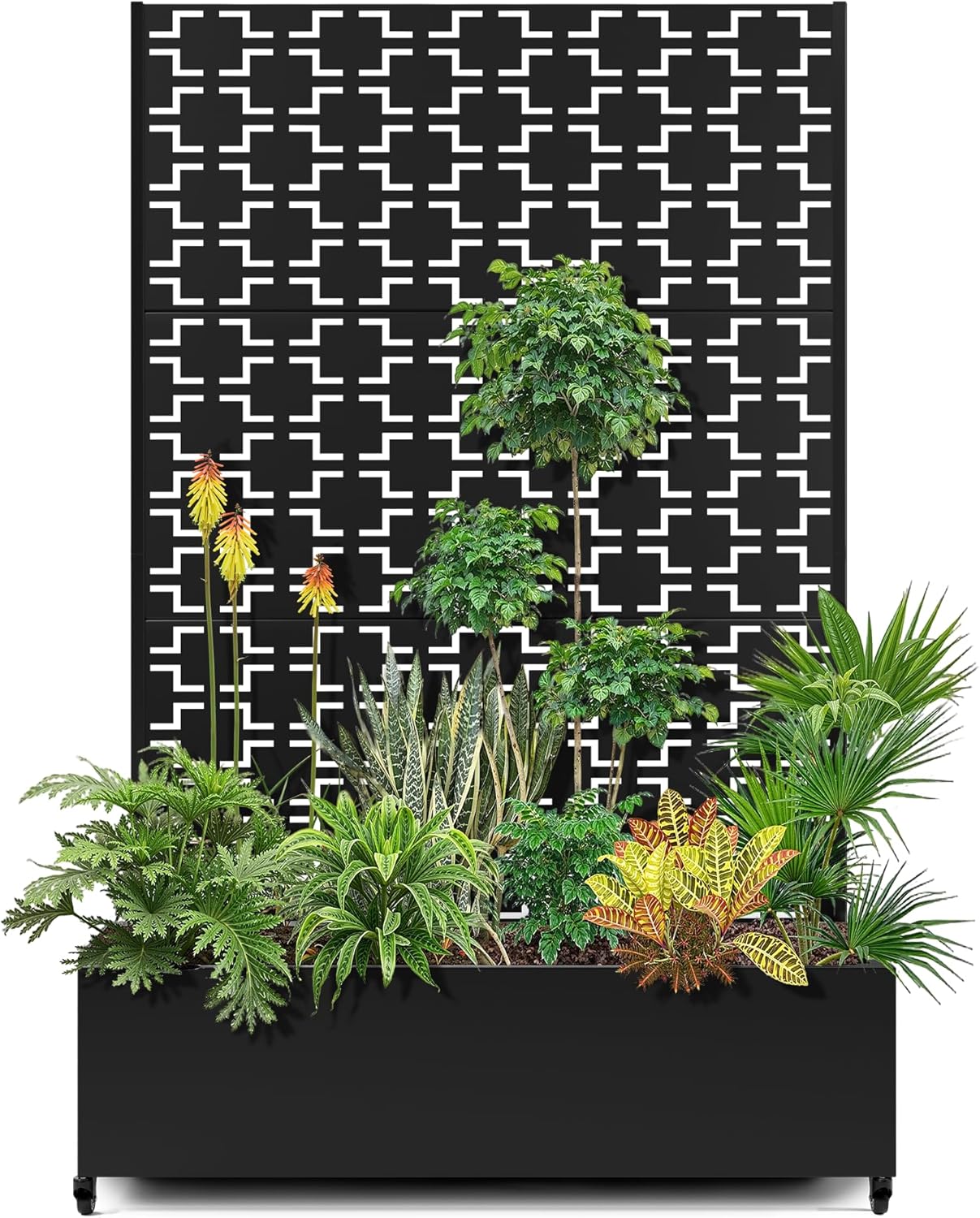 15.7"×70.9"×47.2" Metal Raised Garden Bed with Trellis and Wheels - Tall Trellis Planter Box for Climbing Plants, Vegetables & Vines - Outdoor Privacy Planters for Patio (Black-Square)