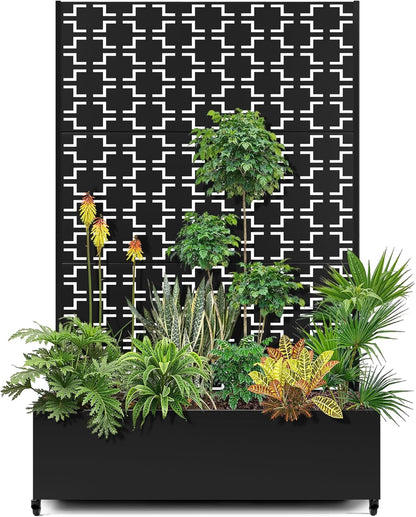 15.7"×70.9"×47.2" Metal Raised Garden Bed with Trellis and Wheels - Tall Trellis Planter Box for Climbing Plants, Vegetables & Vines - Outdoor Privacy Planters for Patio (Black-Square)