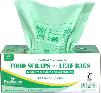 Compost Bags 33 Gallon Compostable Trash Bags, Extra Thick 1.1 Mil, Compost Kitchen Bin Bags, Food Scraps Yard Waste Bags, ASTM D6400 BPI & TÜV AUSTRIA Certified
