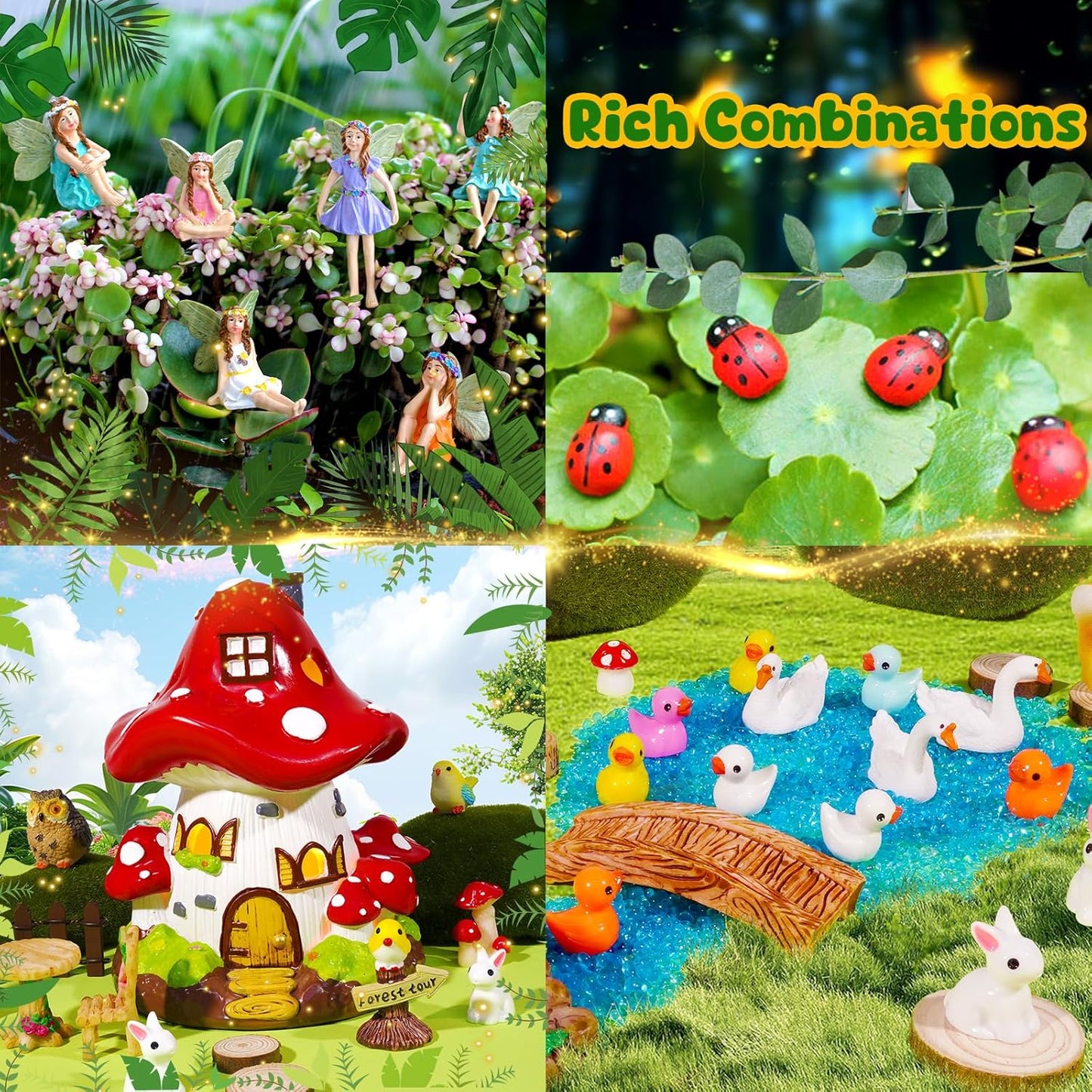 56 Pcs Fairy House Garden Kit Miniatures Fairy Garden Accessories Mini Resin Figurines Animals Decor Mushroom House Outdoor Ornaments for DIY Micro Landscape Ornament