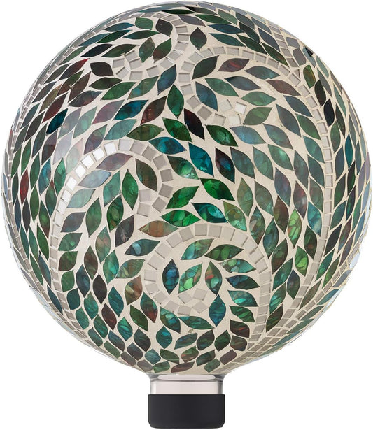 Alpine Corporation 10" Diameter Indoor/Outdoor Glass Mosaic Gazing Globe Yard Decoration, Scroll Leaf Pattern Design