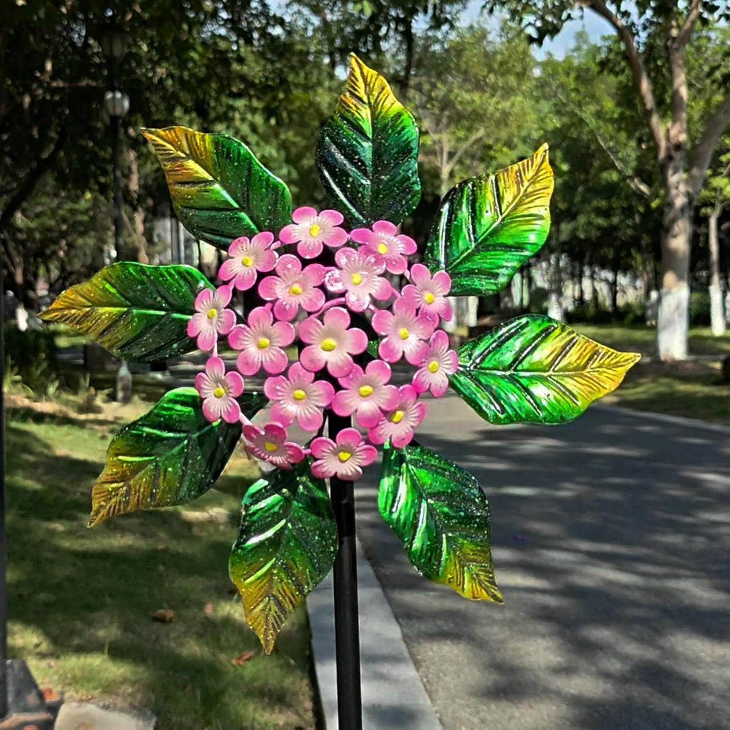 Solar Glow Garden Wind Spinner Outdoor, 13" W Flower Metal Wind Spinner & Sculptures with Fluorescent Coating, Kinetic Windmill for Yard Lawn Patio Decor, Pink