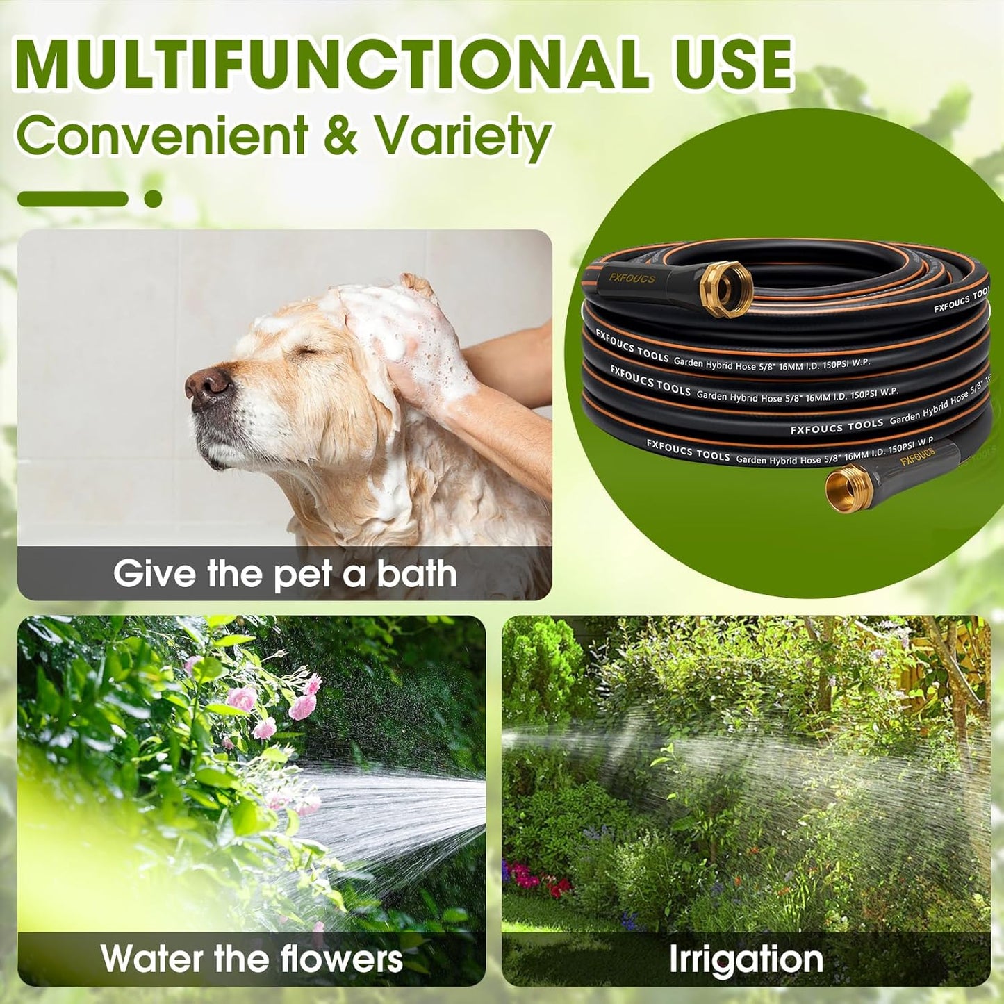 Heavy Duty Garden Hose – 5/8 Inch Flexible, Lightweight Hybrid Hose with 600 PSI Burst Pressure, Swivel Handle,All-Weather Water Hose, Durable Copper Male/Female Fittings (Black, 50FT)