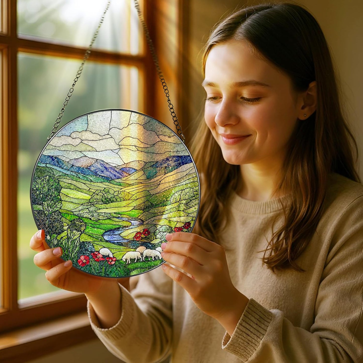 Stained Glass Window Hanging, Pauyadu 8 Inch Green Irish Hills Stained Glass Suncatcher, Window Decorations for Home, Christmas, Mother's Day, Birthday, Gifts for Women, Perfect for Nature Lovers