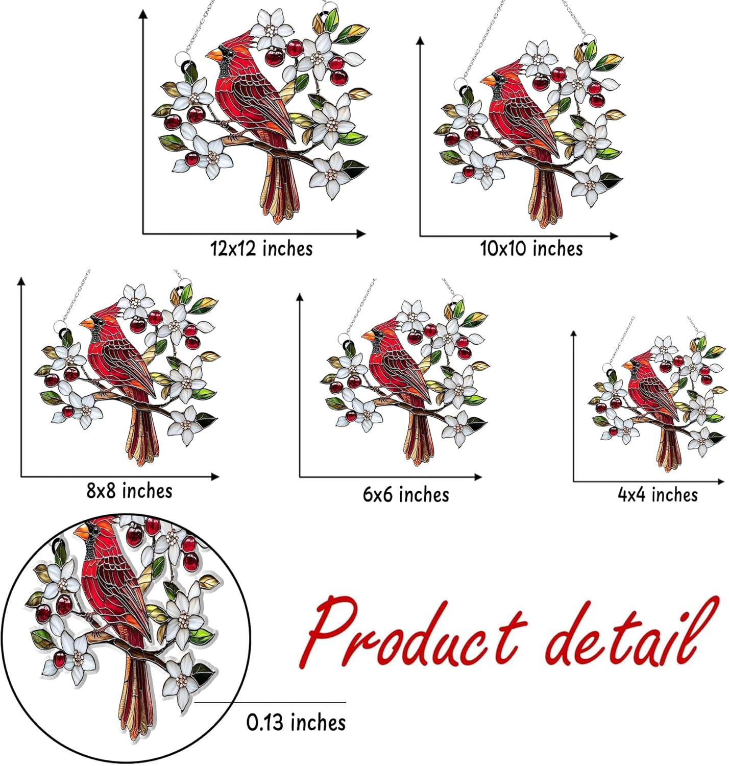 Cardinal Memorial Acrylic Suncatcher Stained Glass Effect Window Car Hanging Christmas Ornament Indoor Outdoor Decor Garden Sympathy Sun Catcher Panel for Family for Women Mom Grandma